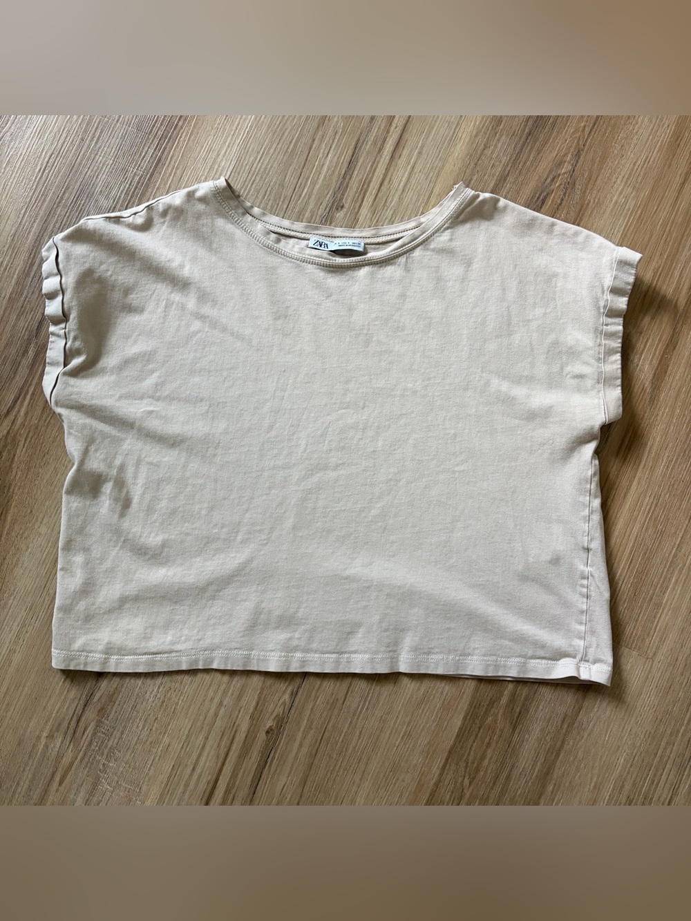 Zara Women’s Cream Cuff Crop T-Shirt - Boxy Short Sleeve Top